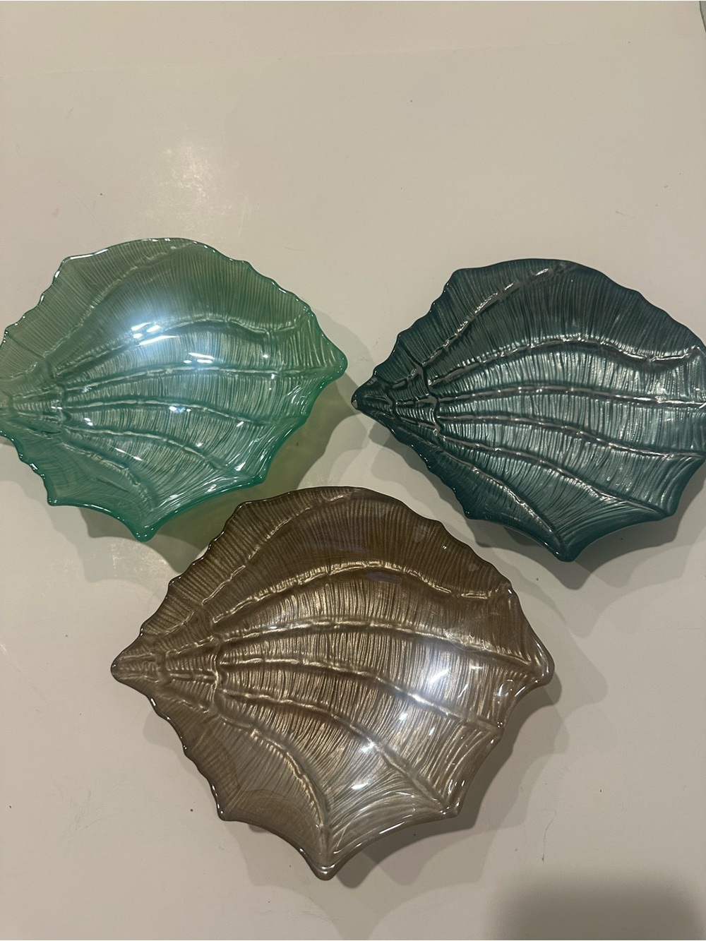 Set of 3 Shell-Shaped Glass Dishes - Aqua, Teal & Smoky Brown
